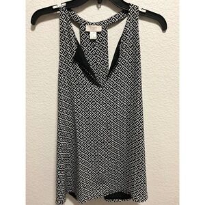 Loft Outlet Womens Large Black White Geometric Racerback Tank Top V-Neck Blouse